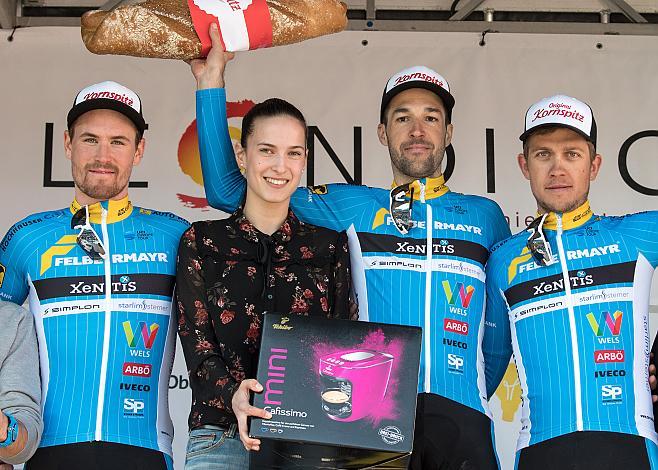 v.l. Stephan Rabitsch (AUT, Team Felbermayr Simplon Wels), Sieger Markus Eibegger (AUT, Team Felbermayr Simplon Wels) , Riccardo Zoidl (AUT, Team Felbermayr Simplon Wels), Siegerpodest Leonding