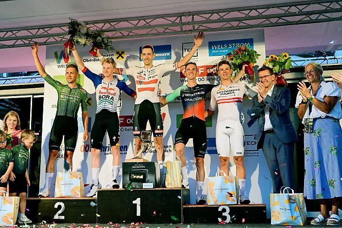 Podest Herren Fabian Steininger (AUT, Schwingshandl Intralogistics), 3. Platz Gregor Mühlberger (AUT, Decathlon CMA CGM Team), Sebastian Putz (AUT, Red Bull - Bora, Hans Grohe Rookies), Riccardo Zoidl (AUT, Hrinkow Advarics), Sieger Michael Gogl (AUT, Alpecin - Premier Tech), Herren Elite, U23, Road Cycling League Austria, Kriterium Wels