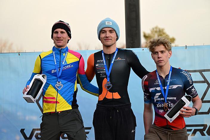 Podest Finales Rennen, 2. Platz Philipp Heigl (AUT, Team Bikestore), Sieger Adrian Stieger (AUT, Cycling Team Schwingshandl), 3. Platz Lucas Kraus (AUT, RC ARBÖ  Rad Cyclo Cross, ÖSTM/ÖM Querfeldein, Ciclo Cross, Cycling Austria, Maria Enzersdorf, NÖ