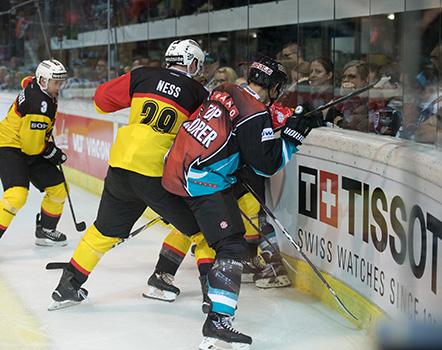 center  Philipp Lukas #21 of Black Wings Linz  and forward Martin Ness #29 of SC Bern EHC Liwest Black Wings Linz vs SC Bern