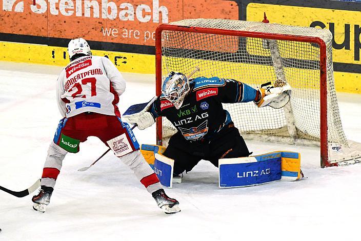 Thomas Hundertpfund (EC KAC), Tormann Rasmus Tirronen (Steinbach Black Wings Linz) Semifinale 2, Win2Day ICE Hockey League, 2. Semifinale, Steinbach Black Wings Linz vs EC KAC,  Linz AG Eisarena 