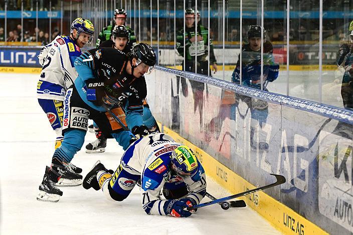 Brian Lebler (Steinbach Black Wings Linz), Steven Strong (EC iDM Wärmepumpen VSV), Tormann Joe Cannata (EC iDM Wärmepumpen VSV) Spiel 2 Pre-Playoffs,  ICE, Steinbach Black Wings Linz vs EC iDM Wärmepumpen VSV, Linz AG Eisarena