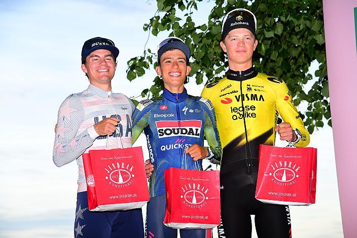 2. Platz Gavin Sherry (USA, Team USA), Etappensieger Henrique RIBEIRO BRAVO (BRA, SOUDAL QUICK-STEP DEVO TEAM), 3. Platz Jonas Kind Hoydal (NOR, Team Visma - Lease a Bike Development Team) 1. Etappe Linz Hauptplatz - Pöstlingberg, Oberösterreich Rundfahrt
