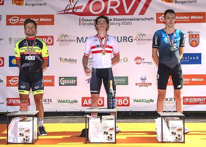 Siegerpodest v.l. 2 Platz Daniel Federspiel (AUT, Team Vorarlberg Santic), Staatsmeister Valentin Götzinger (AUT, Team WSA Graz ARBOE), 3. Platz Michael Gogl (AUT, NTT Pro Cycling)ÖSTM Strasse Mattersburg, Österreichische Staatsmeisterschaft U23, Elite Damen und Herren