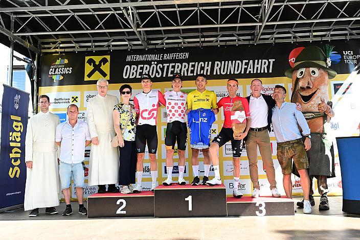 Die Führungstrikots Balint Feldhofer (HUN, Team United Shipping), Josef Dirnbauer (AUT, Cycling Team Schwingshandl), Edgar David Cadena (MEX, Petrolike), Marco Schrettl (AUT, Tirol KTM Cycling Team), 3. Etappe Bad Schallerbach - Aigen - Schlägl, 15. Int. Raiffeisen OÖ-Radrundfahrt UCI Kat. 2.2